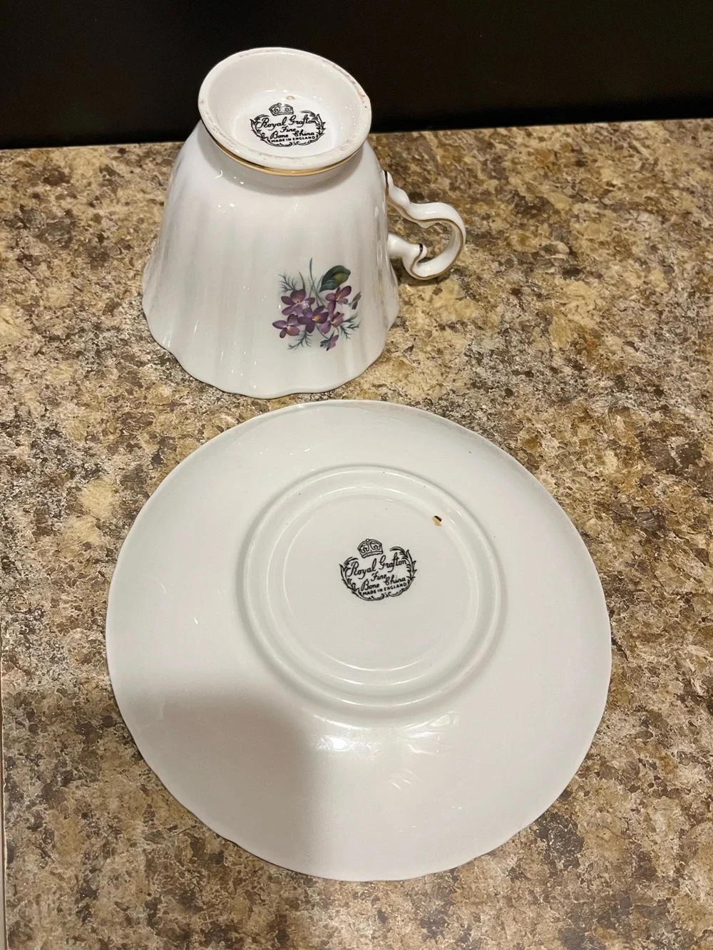 Royal Grafton “Mother” Floral Teacup & Saucer - Purple Violets with Gold Trim